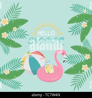 Hello summer poster avec flotteur flamand vecteur icônes illustration design Illustration de Vecteur