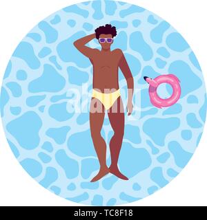 Jeune homme afro avec maillot de bain flottant dans l'eau vector illustration design Illustration de Vecteur