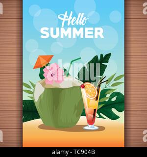 Hello summer card poster avec dessins animés Illustration de Vecteur