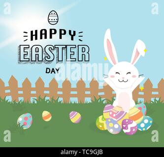 Joyeuses Pâques Lapin mignon,carte de vœux avec les oeufs de Pâques colorés au printemps. Vector illustration Illustration de Vecteur
