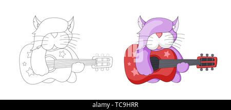 Encore de cartoon animal. Chat enfantin avec la guitare. La page à colorier pour les enfants Illustration de Vecteur