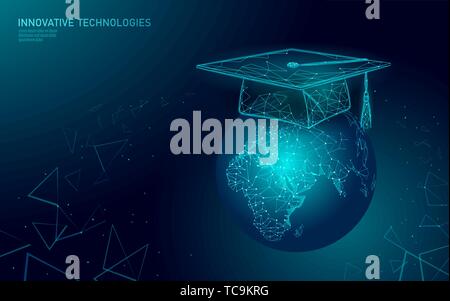 E-learning distance graduate certificate program concept. Low poly 3D render graduation cap sur la planète Terre carte du monde Modèle de page. Internet Illustration de Vecteur