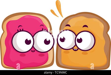 Tranches de personnages de pain avec beurre d'arachide et gelée. Délicieux sandwichs au beurre d'arachide et à la gelée pour le petit déjeuner. Illustration vectorielle Illustration de Vecteur