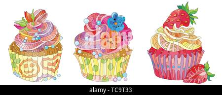 Vector set de cupcakes avec la fraise. Illustration à la main pour les t-shirt en zentangle, doodle style. Illustration de Vecteur