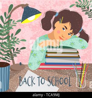 Retour à l'école. Cute vector illustration d'une séance sur les livres étudiant. Girl, livres, ordinateur portable, lampe de bureau et de fleurs sur une table. Dessin à la main Illustration de Vecteur