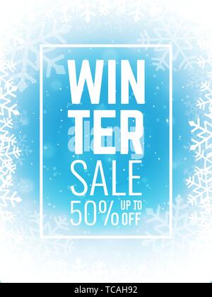 Vente d'hiver sur fond bleu avec des flocons de neige. La promotion de la vente de Noël. Vector illustration Illustration de Vecteur