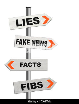 Fake news signposts, mensonges, désinformation, désinformation concept. Signe isolé sur fond blanc. Banque D'Images