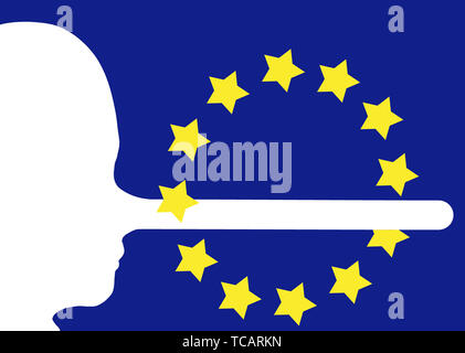 L'Europe, l'Union européenne ou d'un référendum etc. mensonges, faux news concept. Visage de profil avec long nez de dire aux bobards. La désinformation des médias etc. Banque D'Images
