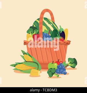 Les raisins de brocoli tomates pastèque maïs aubergine pomme fruits et légumes frais panier vector illustration Illustration de Vecteur