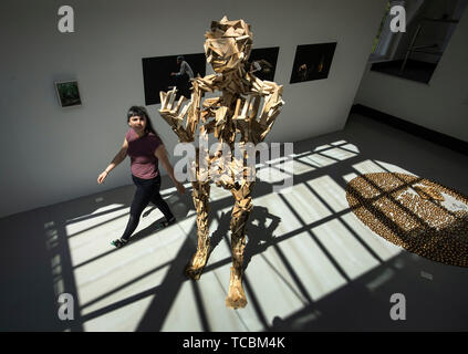 Ruby artiste Lewis avec son travail intitulé dans son image figure apocryphe, qui fait partie de l'art show degré à l'Université de Leeds. Banque D'Images