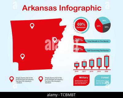 État de l'Arkansas (USA) Plan avec ensemble d'éléments de couleur rouge infographique en fond clair. L'élément graphique de l'information modernes pour votre conception. Illustration de Vecteur