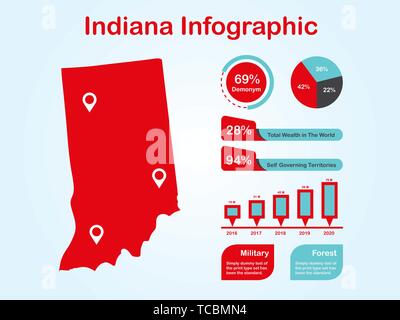 État de l'Indiana (USA) Plan avec ensemble d'éléments de couleur rouge infographique en fond clair. L'élément graphique de l'information modernes pour votre conception. Illustration de Vecteur