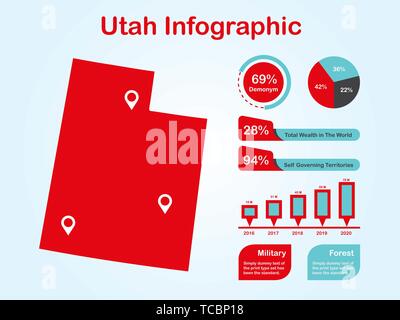 État de l'Utah (USA) Plan avec ensemble d'éléments de couleur rouge infographique en fond clair. L'élément graphique de l'information modernes pour votre conception. Illustration de Vecteur