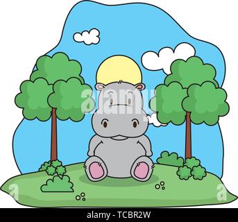 Cute hippo dans le paysage Illustration de Vecteur