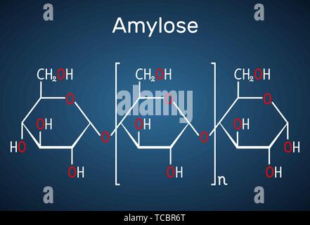 Molécule d'amylose. C'est un polysaccharide et un des deux composants de l'amidon. Formule chimique structurel sur le fond bleu foncé. Vector illu Illustration de Vecteur