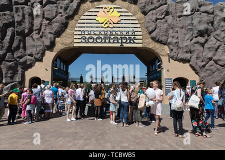 Moscou. 4 juin, 2019. Photo prise le 4 juin 2019 montre que les personnes faisant la queue pour visiter le zoo de Moscou à Moscou, Russie. Deux pandas géants, trois ans Ru Yi et deux ans, Ding Ding, arrive à Moscou à la fin d'avril de la Chine du sud-ouest de la province du Sichuan. Ils ont été officiellement remises à la Russie pour 15 ans de programme de recherche conjoint mercredi à la cérémonie d'ouverture pour le panda house dans le Zoo de Moscou. Credit : Bai Xueqi/Xinhua/Alamy Live News Banque D'Images