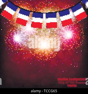 D'artifice lumineux avec des drapeaux en France pour les vacances. Vector illustration. Illustration de Vecteur