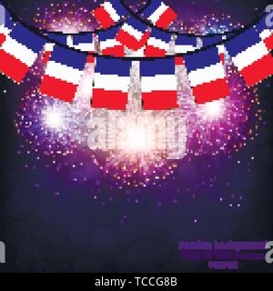 D'artifice lumineux avec des drapeaux en France pour les vacances. Vector illustration. Illustration de Vecteur