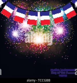 D'artifice lumineux avec des drapeaux en France pour les vacances. Vector illustration. Illustration de Vecteur