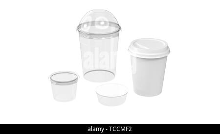 L'emballage plastique alimentaire verres transparents sur fond blanc isolé. Le rendu 3D Banque D'Images