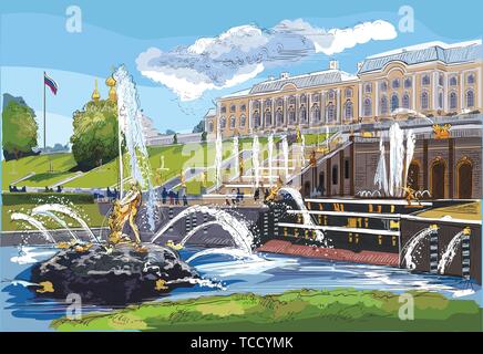 Vue panoramique de la Grande Cascade, des sculptures et des fontaines du palais de Peterhof à Saint-Pétersbourg, en Russie. Dessin vectoriel isolés coloré illus Illustration de Vecteur