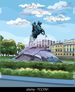 Rues de la région de Monument de l'empereur russe Pierre le Grand sur la place du Sénat, Saint Petersburg, Russie. Vue sur le bronze horseman monument et Sénat. Co Illustration de Vecteur