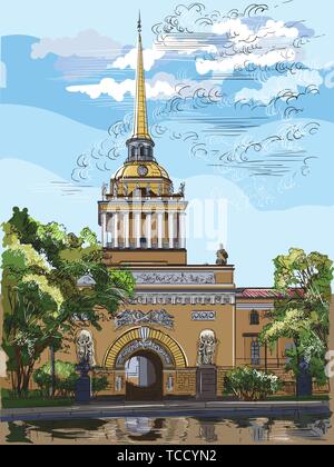 Paysage urbain d'immeuble de l'Amirauté, Saint Petersburg, Russie. Vue avant de l'ancien bâtiment de l'Amirauté de jardin. Colorful vector dessin illustratio Illustration de Vecteur