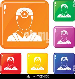 Ophtalmologiste avec tête miroir icons set vector color Illustration de Vecteur