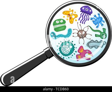 Divers microorganismes bactéries virus vector cartoon character set emoticon germe en loupe. La maladie bactérienne microbiologie infection malade Illustration de Vecteur