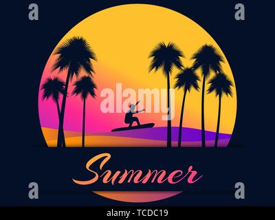 Fond d'été avec un internaute et de palmiers sur un fond coucher de soleil. Dégradé jaune et pourpre. Vector illustration Illustration de Vecteur