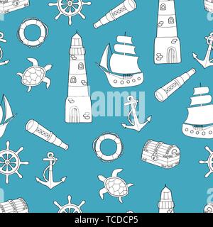 Doodle motif transparent sur thème de la mer : de bateau, phare, bouée, ancre, volant, télescope, tortue de mer. Coloriage pour enfants et adultes Illustration de Vecteur