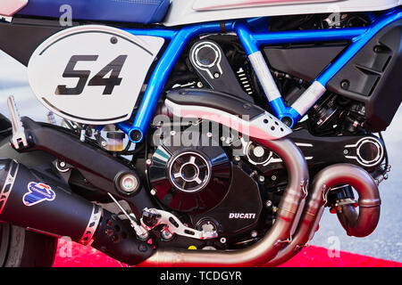 Montréal, Canada, le 6 juin, 2019.Close-up d'un moteur de moto ducati Scrambler.Montréal,Québec,Canada.Credit:Mario Beauregard/Alamy Live News Banque D'Images