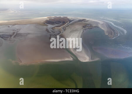 Vue aérienne de l'île néerlandaise Rottumerplaat, littoral avec des vasières et satellite Banque D'Images