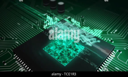 Cyber business concept avec stock et des flèches sur l'hologramme en arrière-plan de la cpu. Animation futuriste de marché, la finance, l'économie, du commerce, de l'argent et Banque D'Images