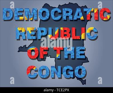 Les contours du territoire de la République démocratique du Congo et Congo mot en couleurs du drapeau national, bleu, jaune et rouge. Continent Afrique Illustration de Vecteur