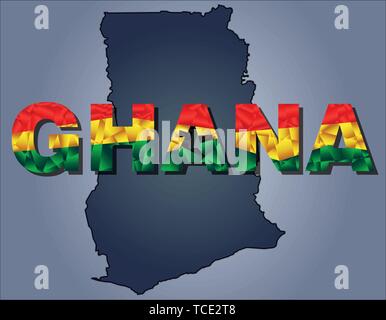 Les contours du territoire du Ghana et le Ghana mot en couleurs du drapeau national, vert, jaune et rouge. Continent Afrique Illustration de Vecteur