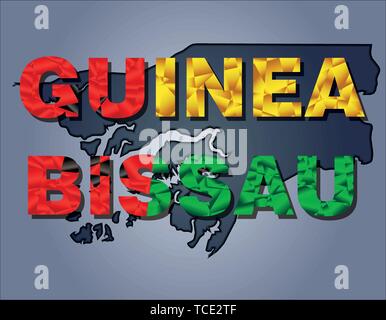 Les contours du territoire de la Guinée Bissau et la Guinée Bissau mot en couleurs du drapeau national, vert, jaune et rouge. Continent Afrique Illustration de Vecteur