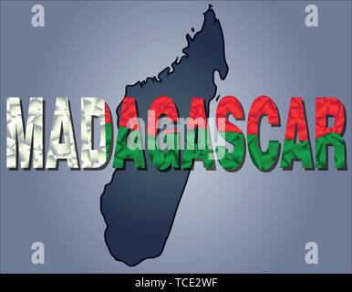 Les contours du territoire de Madagascar et Madagascar mot en couleurs du drapeau national, rouge, blanc et vert. Continent Afrique Illustration de Vecteur