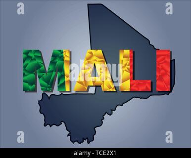 Les contours du territoire du Mali et Mali mot en couleurs du drapeau national, rouge, jaune et vert. Continent Afrique Illustration de Vecteur