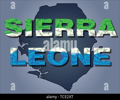 Les contours du territoire de la Sierra Leone et de la Sierra Leone mot en couleurs du drapeau national, vert, bleu et blanc. Continent Afrique Illustration de Vecteur