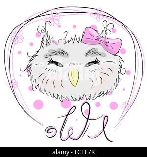 Cute owl sont confrontés dans un cadre floral avec un archet, OWL, design, tendance, gris, rose Illustration de Vecteur