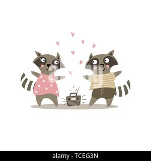 Cute les ratons laveurs de danse à la musique. Carte de Saint-Valentin. Vector illustration. Illustration de Vecteur