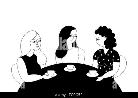 Trois femmes amis assis à une table dans un café boire du thé et parler. Journée de l'amitié. Hand drawn vector illustration. Illustration de Vecteur