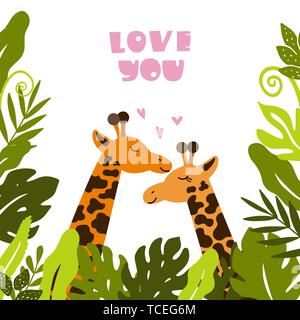 Les Girafes mignon câlin sous les feuilles tropicales. Happy valentines day. Vector illustration. Illustration de Vecteur