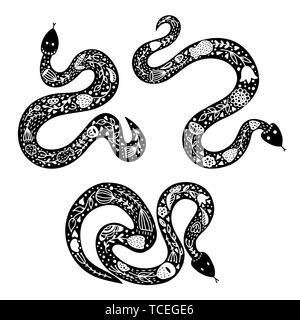 Ensemble de trois Serpents dans un style scandinave sur fond blanc. Hand drawn vector illustration. Illustration de Vecteur