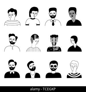 Un groupe d'hommes visages multiculturels (musulmane, asiatique, européen) sur un fond blanc. La diversité sociale. Doodle cartoon vector illustration. Illustration de Vecteur