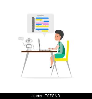 Petit garçon assis en face de son ordinateur portable et l'écriture de code. La technologie robotique. Les enfants de codage. Vector illustration. Illustration de Vecteur