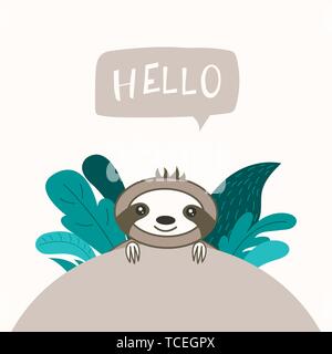 Cute vector sloth. Funny Cartoon caractère kawaii. Peut être utilisé pour les cartes de visite, flyers, affiches, t-shirt. Illustration de Vecteur