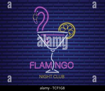 Cocktail flamingo Neon Sign vecteur. Bannière exotiques d'été vecteur. Night club poster label. Pancarte rougeoyant lumineux Illustration de Vecteur