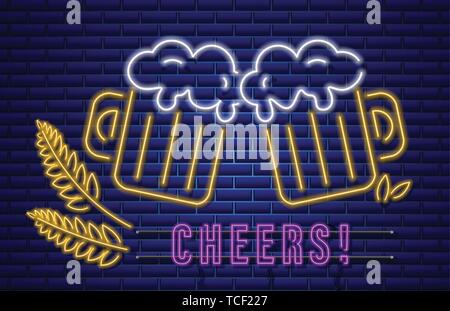 Verres de bière en néon vecteur. Boisson fraîche modèle icône symbole Cheers Illustration de Vecteur